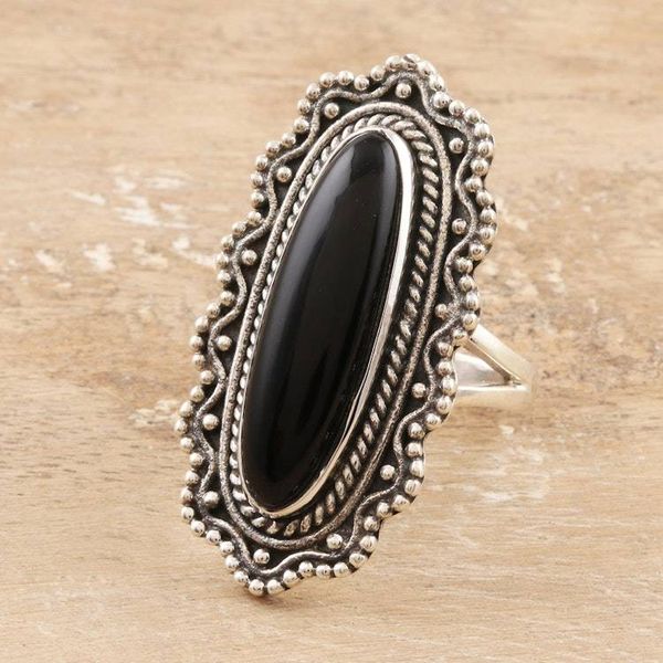 Alternate image for Ornate Black Onyx Cabochon Sterling Silver Cocktail Ring Magnificence in Black