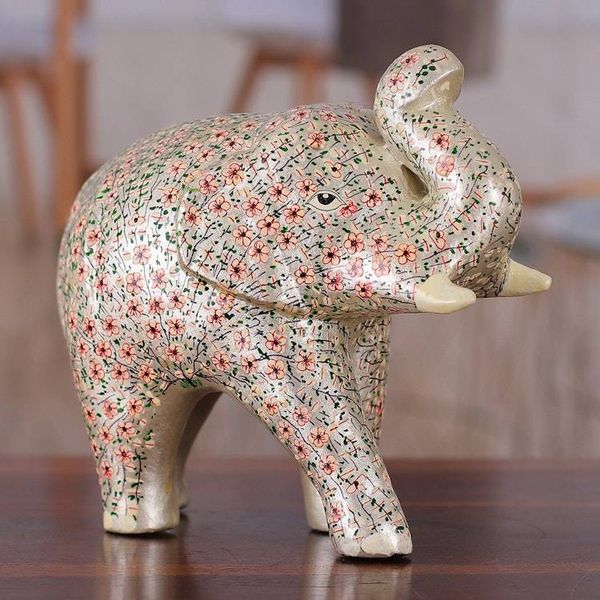 Alternate image for Silver Papier Mache Elephant Sculpture with Floral Motifs Silver Bloom Trunk
