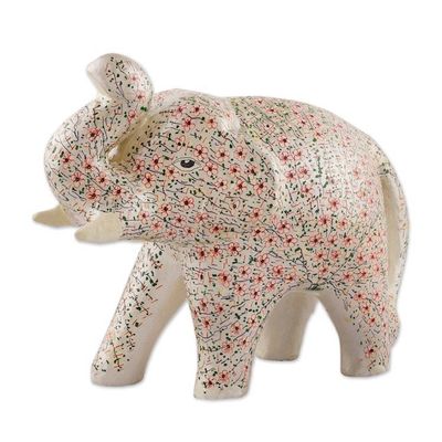 Alternate image for Silver Papier Mache Elephant Sculpture with Floral Motifs Silver Bloom Trunk