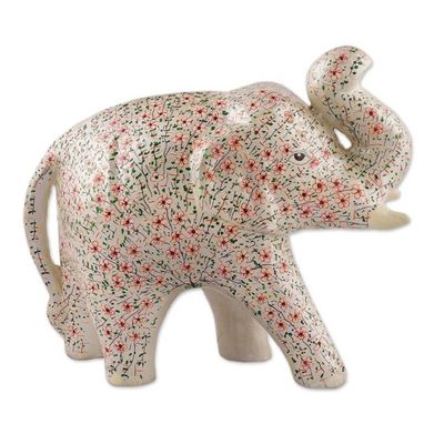 Alternate image for Silver Papier Mache Elephant Sculpture with Floral Motifs Silver Bloom Trunk