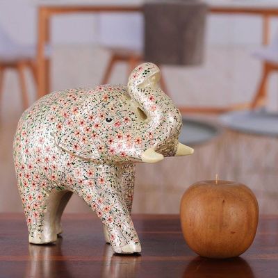 Alternate image for Silver Papier Mache Elephant Sculpture with Floral Motifs Silver Bloom Trunk