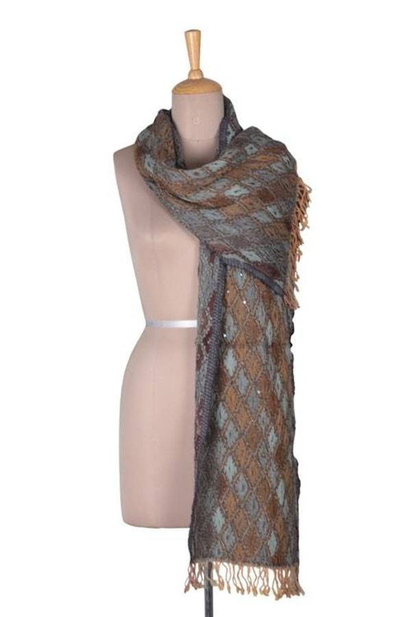 Alternate image for Geometric Textured Ruffled Wool Scarf with Sequin Accents Diamond Delight