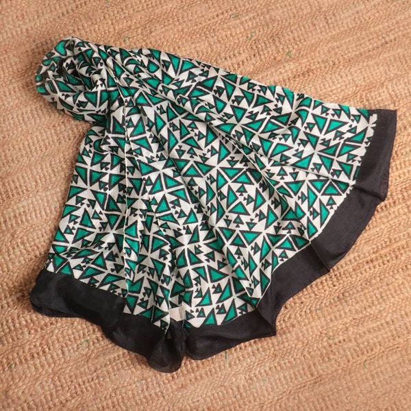 Alternate image for Geometric-Themed Handwoven Silk Shawl in Green Ivory Black Geometric Glory