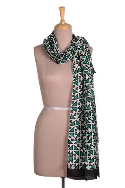 Alternate image for Geometric-Themed Handwoven Silk Shawl in Green Ivory Black Geometric Glory