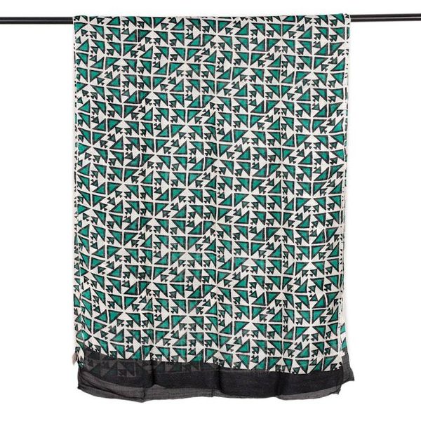Alternate image for Geometric-Themed Handwoven Silk Shawl in Green Ivory Black Geometric Glory