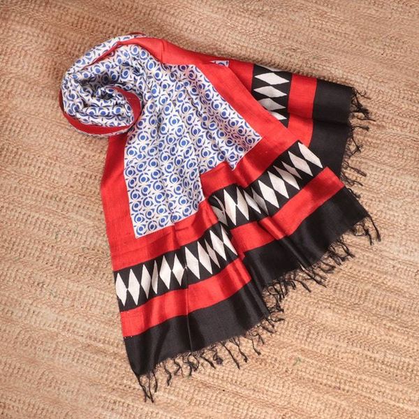 Alternate image for Geometric Modern Fringed Hand-Woven Block-Printed Silk Shawl Spiral Flair