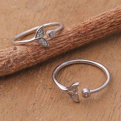 Alternate image for 2 Fish Tail-Themed Cubic Zirconia Silver Wrap Toe Rings Tail Twinkle
