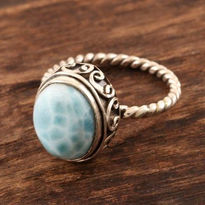 Primary image for Oval Larimar Cabochon Sterling Silver Ring Endless Summer Sky