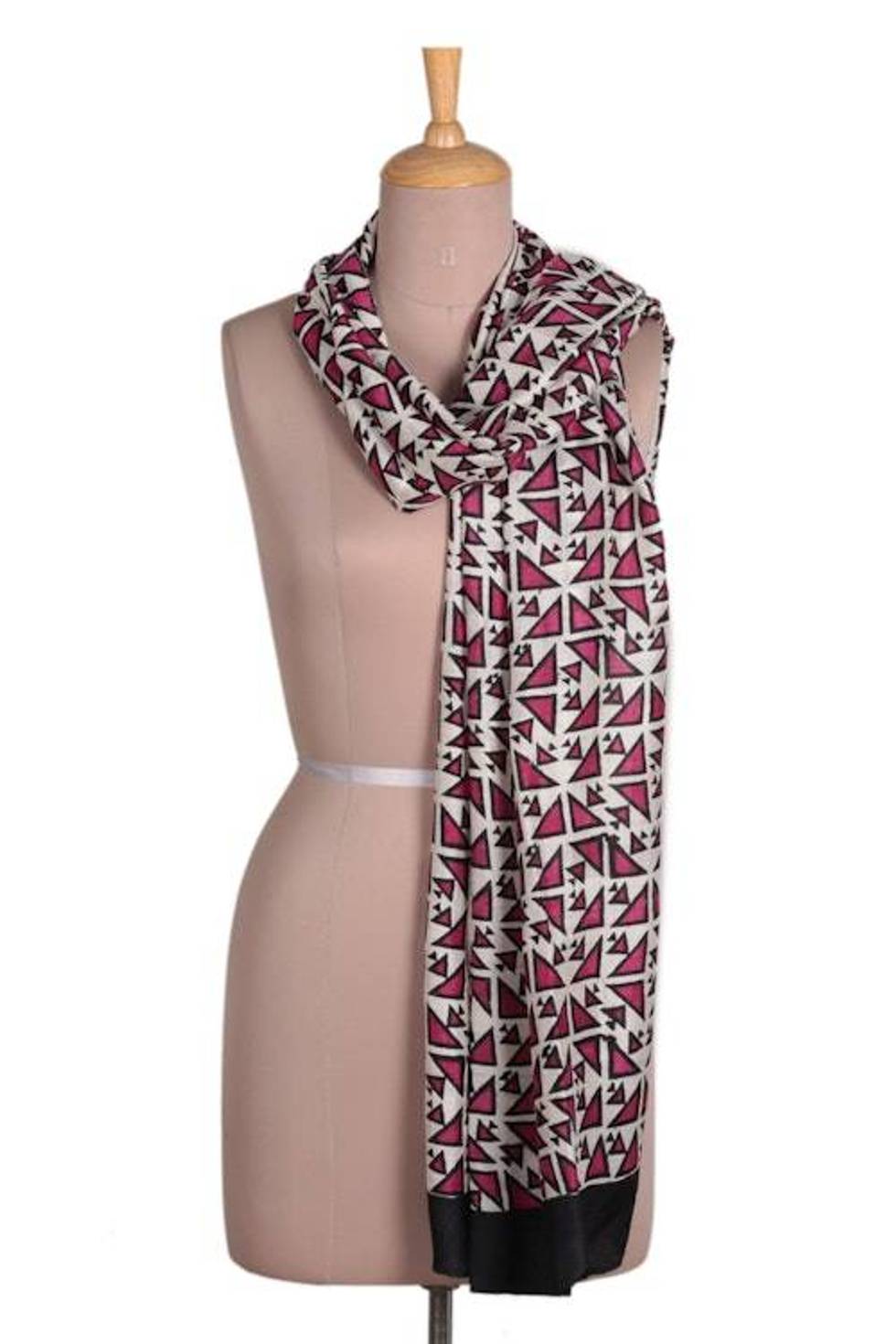Hand-Woven and Block-Printed Silk Shawl with Geometric Theme 'Geometric Glamour'