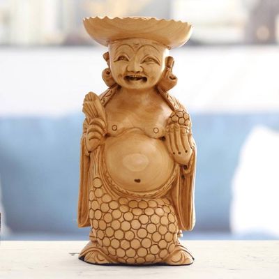 Primary image for Wood Sculpture of a Smiling Budha Hand-Carved in India Laughing Budha