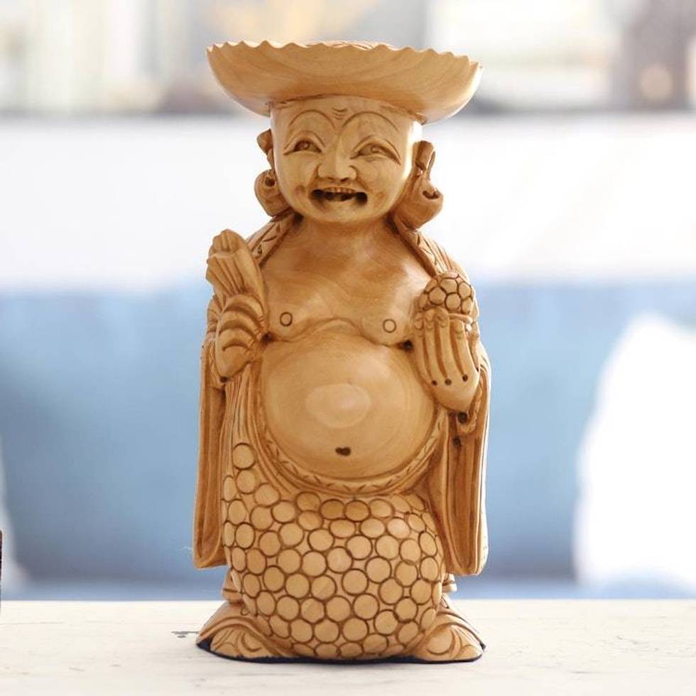 Wood Sculpture of a Smiling Budha Hand-Carved in India 'Laughing Budha'