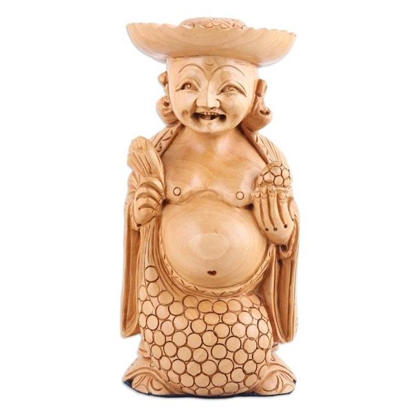 Alternate image for Wood Sculpture of a Smiling Budha Hand-Carved in India Laughing Budha