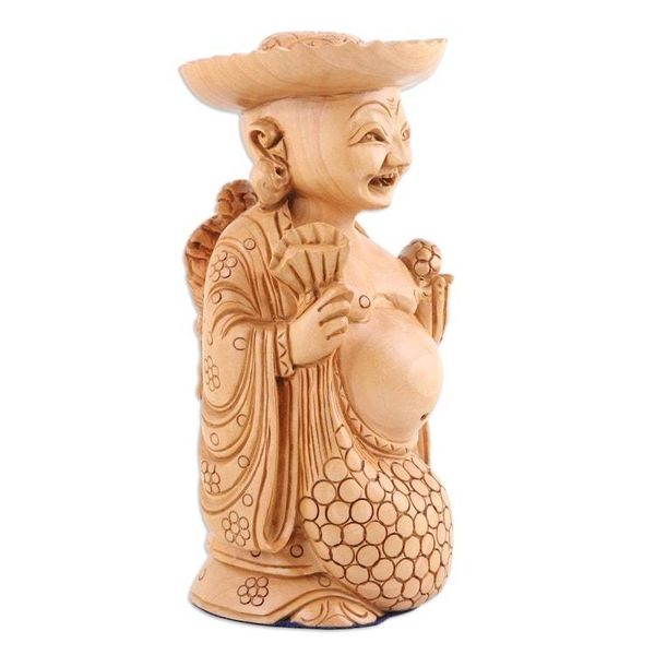 Alternate image for Wood Sculpture of a Smiling Budha Hand-Carved in India Laughing Budha