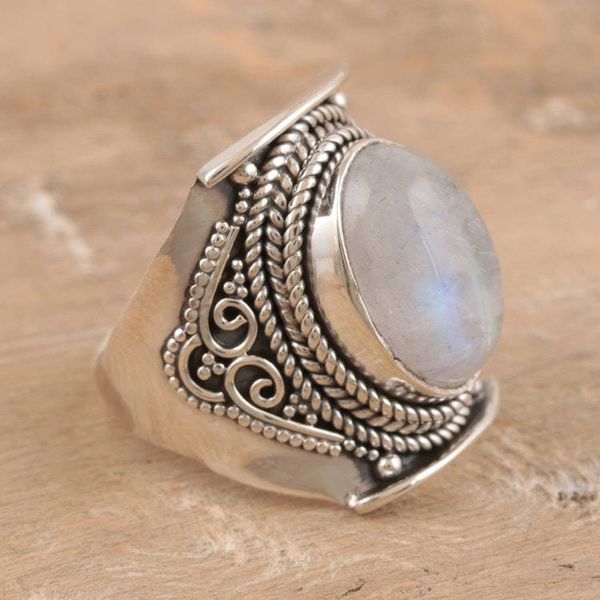 Alternate image for Hand Made Rainbow Moonstone Cocktail Ring Full Phase Moon