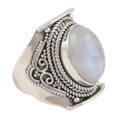 Alternate image for Hand Made Rainbow Moonstone Cocktail Ring Full Phase Moon