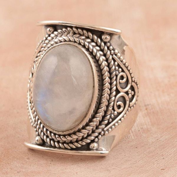 Alternate image for Hand Made Rainbow Moonstone Cocktail Ring Full Phase Moon