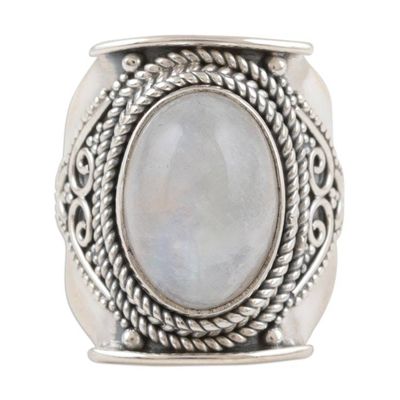 Alternate image for Hand Made Rainbow Moonstone Cocktail Ring Full Phase Moon