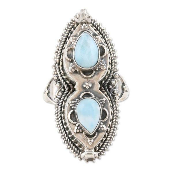 Alternate image for Sterling Silver Locket Ring with Natural Larimar Stones Peace Treasure