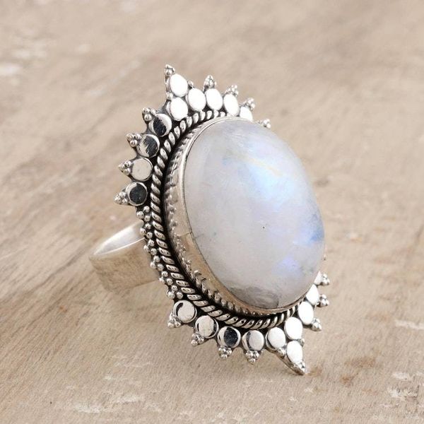 Alternate image for Sterling Silver and Rainbow Moonstone Cocktail Ring Misty Blaze