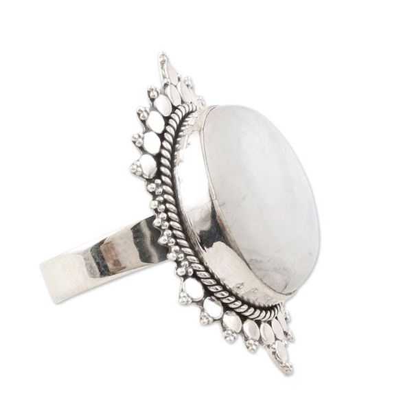 Alternate image for Sterling Silver and Rainbow Moonstone Cocktail Ring Misty Blaze