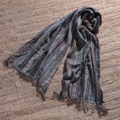 Alternate image for Striped Patchwork Fringed Woven Grey Brown Wool Shawl Evening Flair