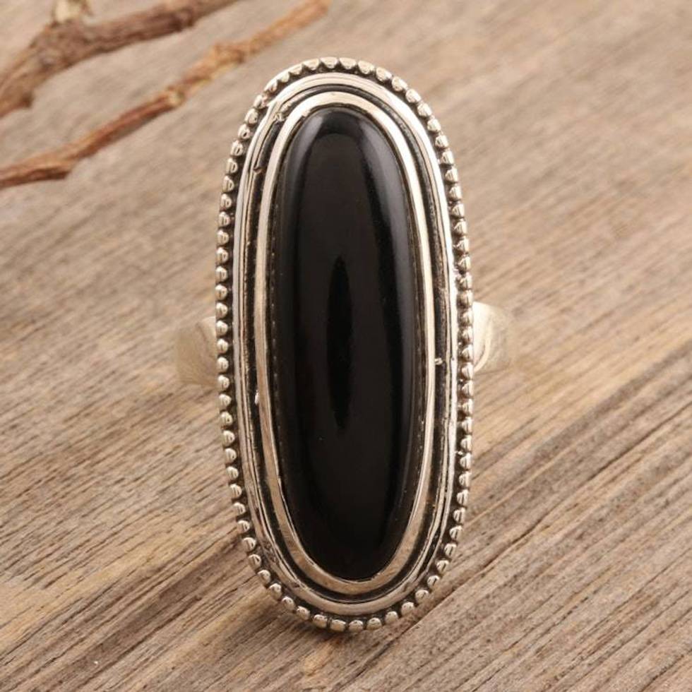 Oval Black Onyx Cabochon Sterling Silver Cocktail Ring 'Midnight Bliss'