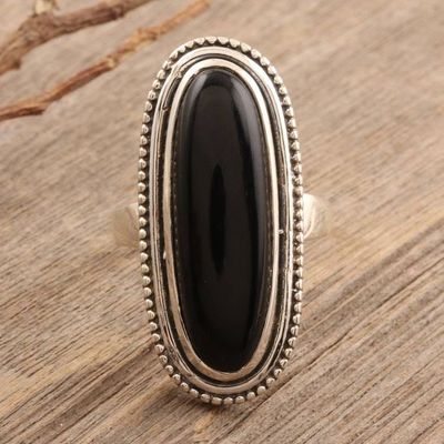 Primary image for Oval Black Onyx Cabochon Sterling Silver Cocktail Ring Midnight Bliss