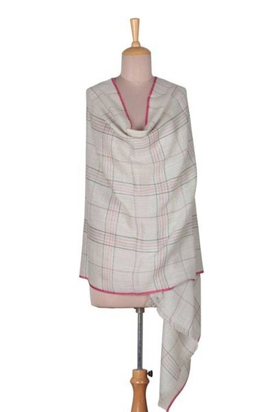 Alternate image for Square-Patterned Fringed Woven Wool Shawl from India Sophisticated Charm