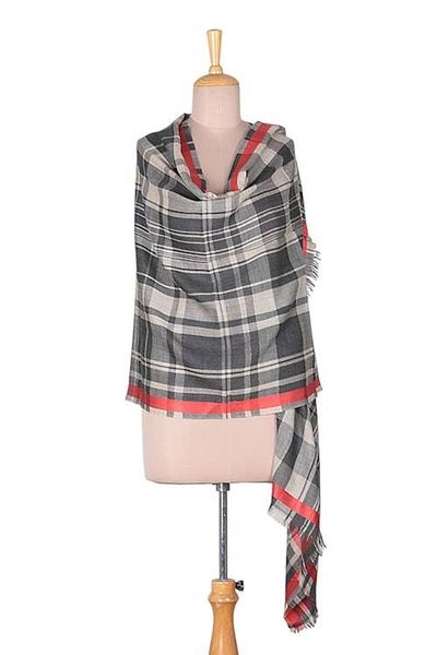 Alternate image for Checkered Plaid Tartan Fringed Wool Shawl with Red Borders Checkered Elegance