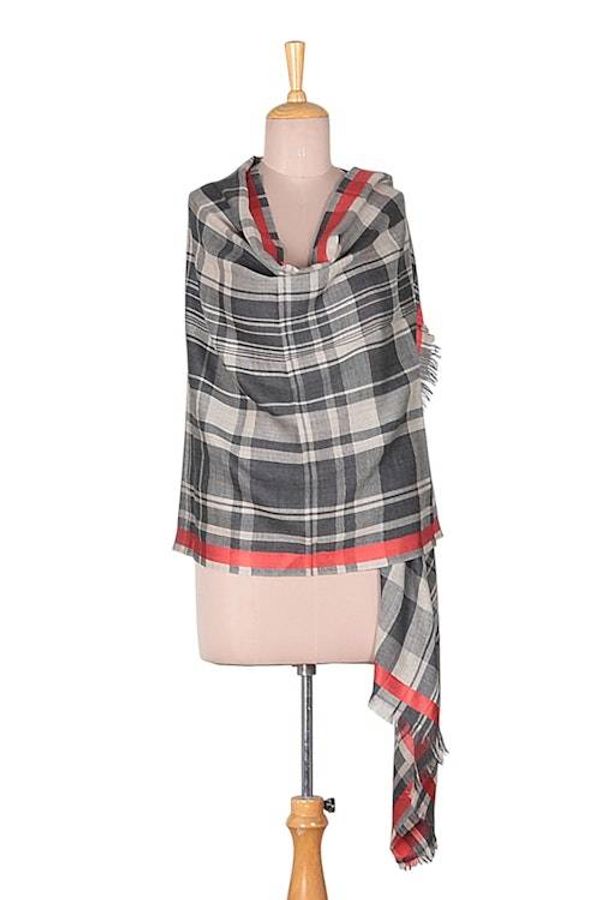 Alternate image for Checkered Plaid Tartan Fringed Wool Shawl with Red Borders Checkered Elegance
