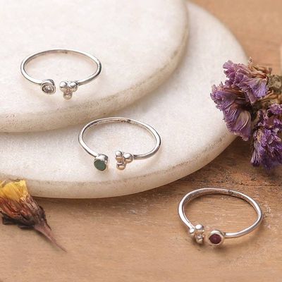 Primary image for 3 Silver Stacking Wrap Rings with Emerald Ruby White Quartz Luxurious Trio