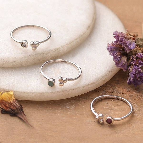 Alternate image for 3 Silver Stacking Wrap Rings with Emerald Ruby White Quartz Luxurious Trio