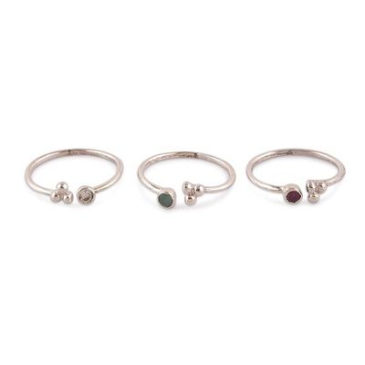 Alternate image for 3 Silver Stacking Wrap Rings with Emerald Ruby White Quartz Luxurious Trio