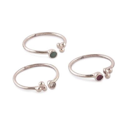 Alternate image for 3 Silver Stacking Wrap Rings with Emerald Ruby White Quartz Luxurious Trio