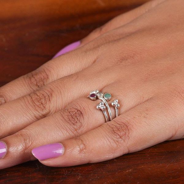 Alternate image for 3 Silver Stacking Wrap Rings with Emerald Ruby White Quartz Luxurious Trio