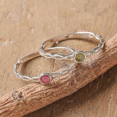 Primary image for Ruby Peridot Sterling Silver Stacking Solitaire Rings Pair Dual Allure