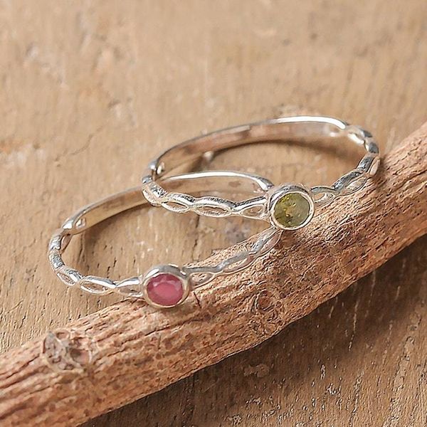 Alternate image for Ruby Peridot Sterling Silver Stacking Solitaire Rings Pair Dual Allure