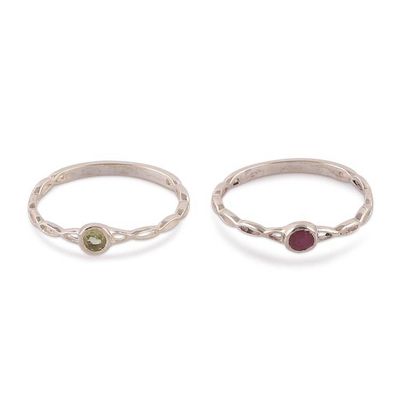 Alternate image for Ruby Peridot Sterling Silver Stacking Solitaire Rings Pair Dual Allure