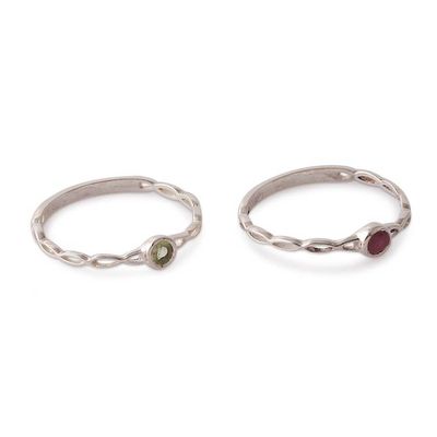 Alternate image for Ruby Peridot Sterling Silver Stacking Solitaire Rings Pair Dual Allure