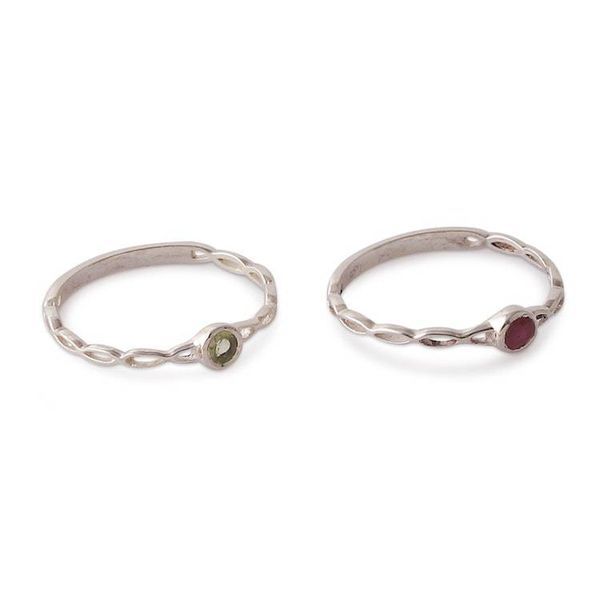 Alternate image for Ruby Peridot Sterling Silver Stacking Solitaire Rings Pair Dual Allure