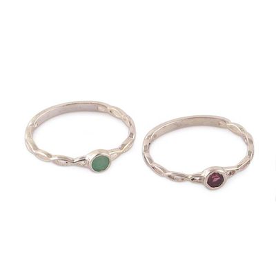 Primary image for Pair of Emerald Garnet and Silver Stacking Solitaire Rings Dual Glory