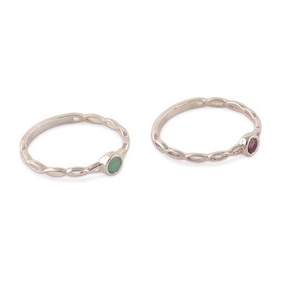 Alternate image for Pair of Emerald Garnet and Silver Stacking Solitaire Rings Dual Glory