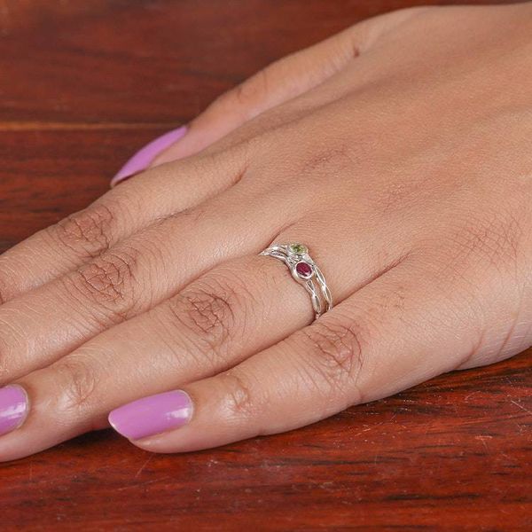 Alternate image for Pair of Emerald Garnet and Silver Stacking Solitaire Rings Dual Glory