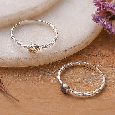 Primary image for 2 Citrine Blue Sapphire Silver Stacking Solitaire Rings Dual Beauty