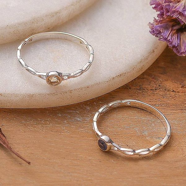 Alternate image for 2 Citrine Blue Sapphire Silver Stacking Solitaire Rings Dual Beauty