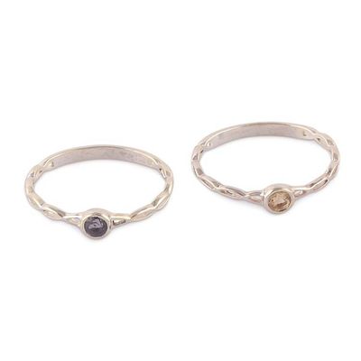 Alternate image for 2 Citrine Blue Sapphire Silver Stacking Solitaire Rings Dual Beauty