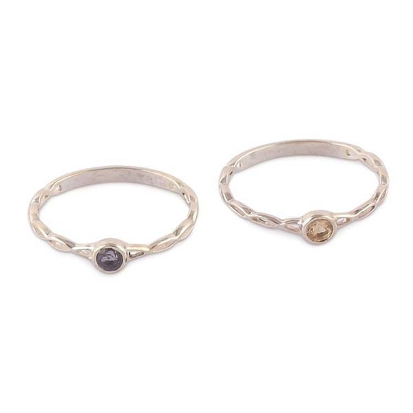 Alternate image for 2 Citrine Blue Sapphire Silver Stacking Solitaire Rings Dual Beauty