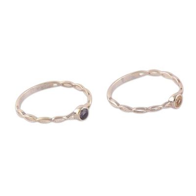 Alternate image for 2 Citrine Blue Sapphire Silver Stacking Solitaire Rings Dual Beauty