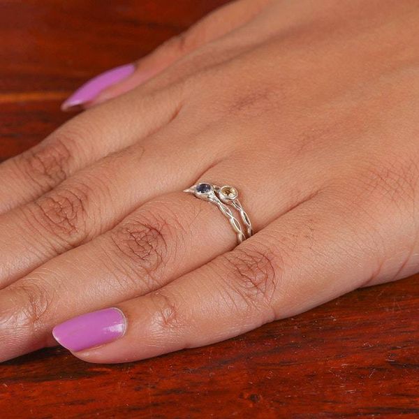 Alternate image for 2 Citrine Blue Sapphire Silver Stacking Solitaire Rings Dual Beauty