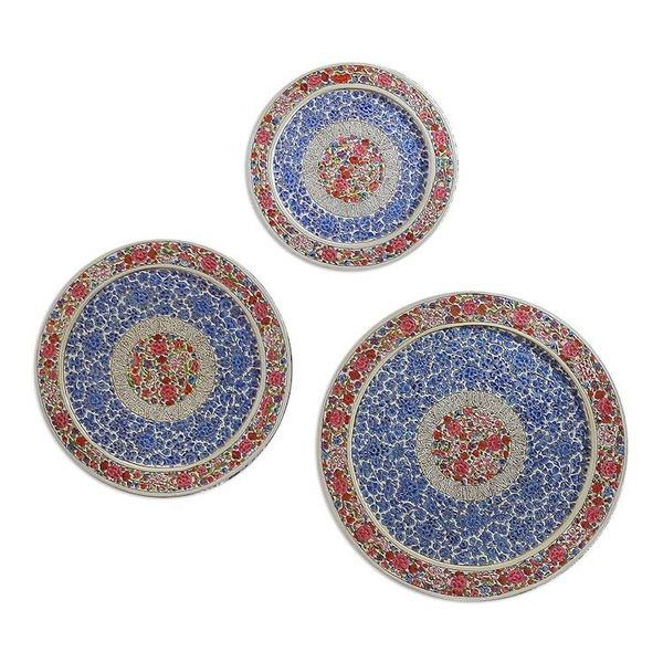 Alternate image for Set of 3 Painted Floral Round Blue and Red Wood Wall Accents Elysium Portals